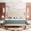 Full Size Beige Linen Upholstered Platform Bed with Button-Tufted Headboard