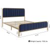 Queen Gold Metal Platform Bed Frame with Navy Blue Velvet Upholstered Headboard